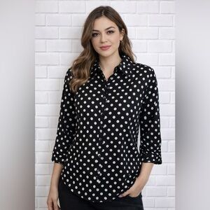 Lauren Ralph Lauren Petite Black White Polka Dot Button Front blouse  Size PL